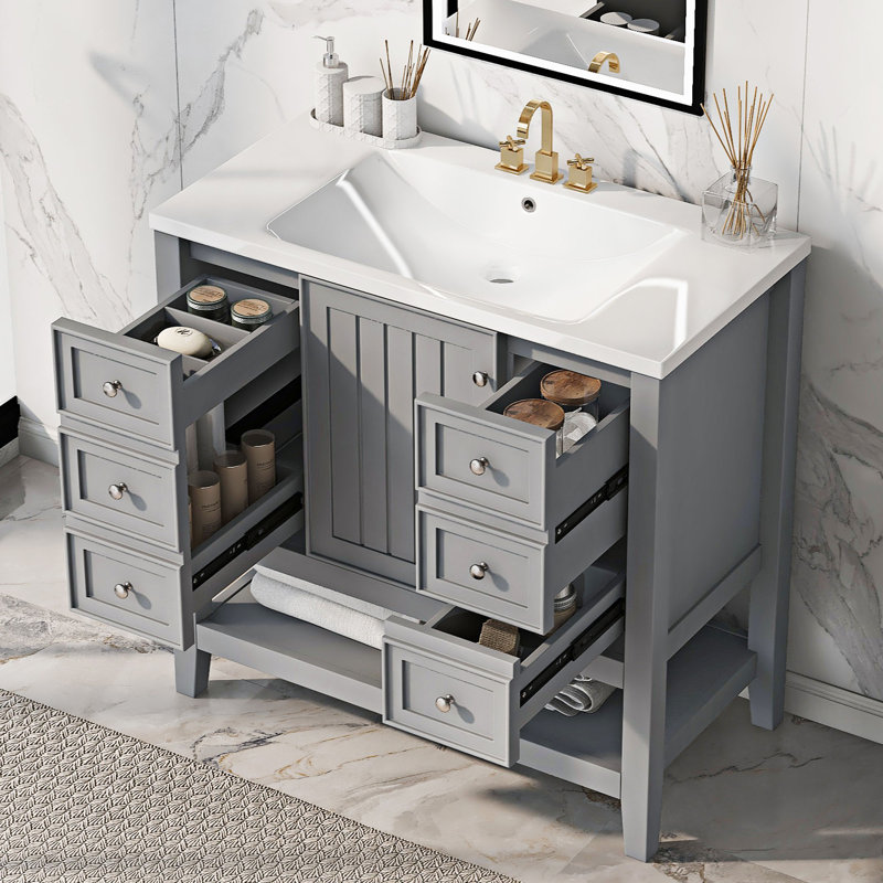 Meuble-lavabo de 36 po avec plateau en céramique, une armoire et trois tiroirs Rigden, Gris