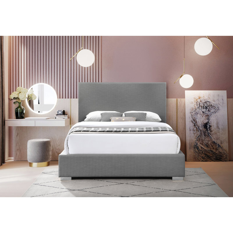 Lit plateforme tapissier en bois massif Crosby, Double, Tissu texturé en lin gris