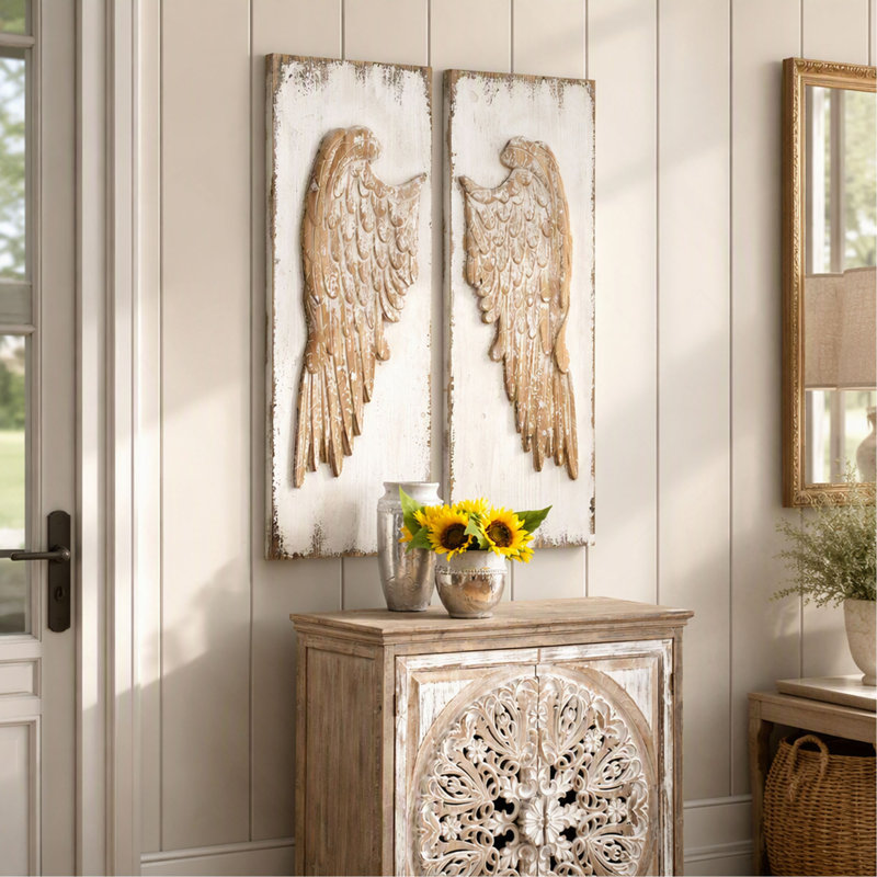 Panneaux muraux, ensemble de 2 ailes de plumes blanches vieillies 42 po x 15,5 po - Art mural
