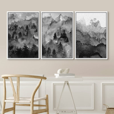 «Woodland Forest Landscape Dark Mountain Forest», peinture sur toile 3 pièces