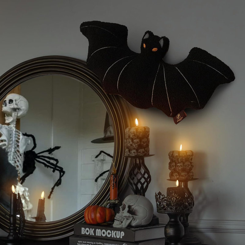 Phantoscope Happy Halloween Faux Fur Bat Shaped Throw Pillow, Black, Bat Shape  12"H x 25"W