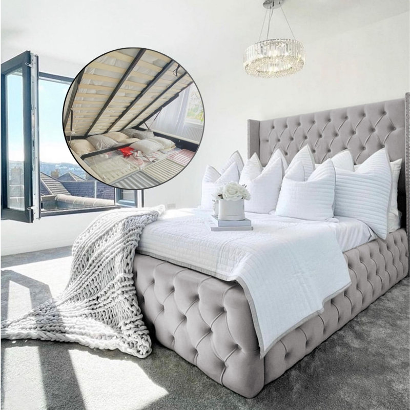Ericka Chesterfield Ottoman Storage Bed - Deep Button-Tufted Velvet Upholstered Bed Frame, Silver, Single (3')