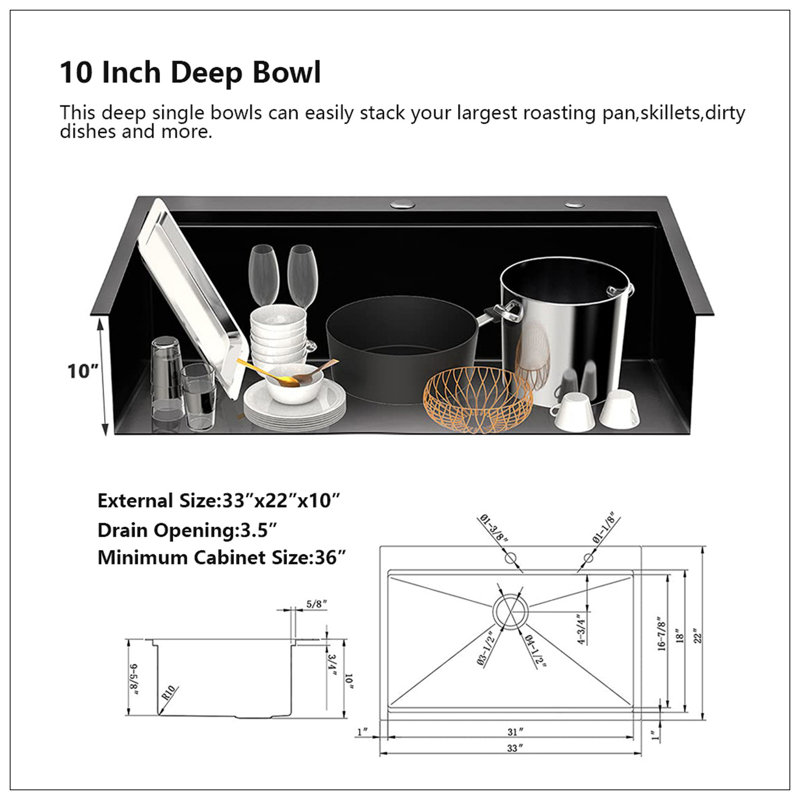 Workstation 33-Inch Drop-In Kitchen Sink R10 Radius Stainless Steel Kitchen Sink Single Bowl With Intergrated Ledge & Accessories (Pack Of 5) -33"X22"X10"