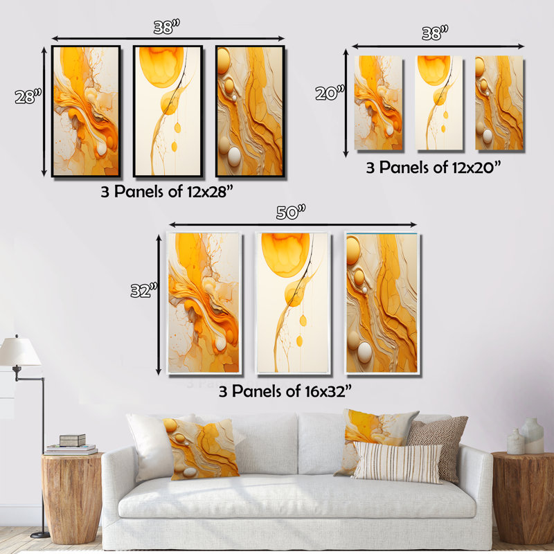 Undefined Continuation Liquid Waves Yellow - Abstract Shapes Art Set Of 3 Pieces, Cadre naturel flottant, H 32 po x l 48 po