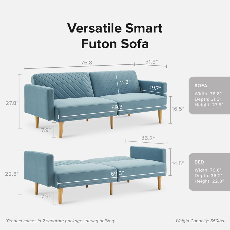 76.8'' Velvet Convertible Sofa, Sky Blue Velvet
