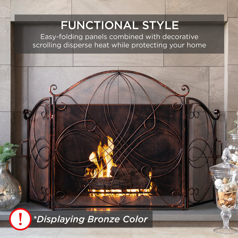 Black Wrought Iron 3-Panel Mesh Fireplace Screen with Decorative Scrolls