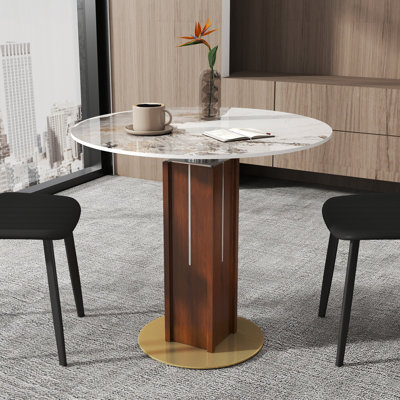 33.46" Morden Round Sintered Stone Conference Table With Solid Wood Base