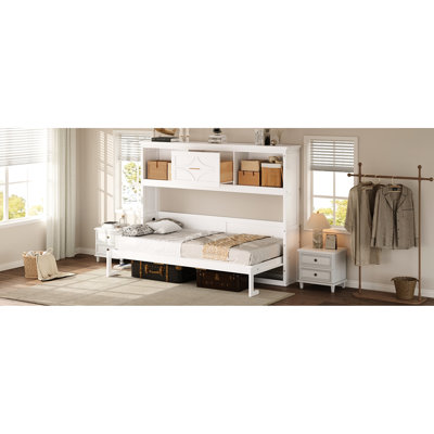 Twin Size Bed In White With Charging Arrangement, Drawer, And 2 Storage Units - Quality Pine Wood Port, Rustic Decoration Elements Solid