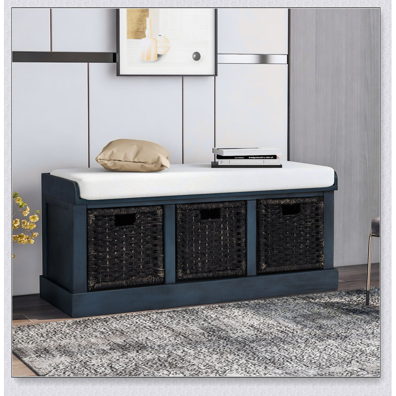 Storage Bench with Removable Classic Rattan Basket, Entryway Bench with Removable Cushion, Antique Navy