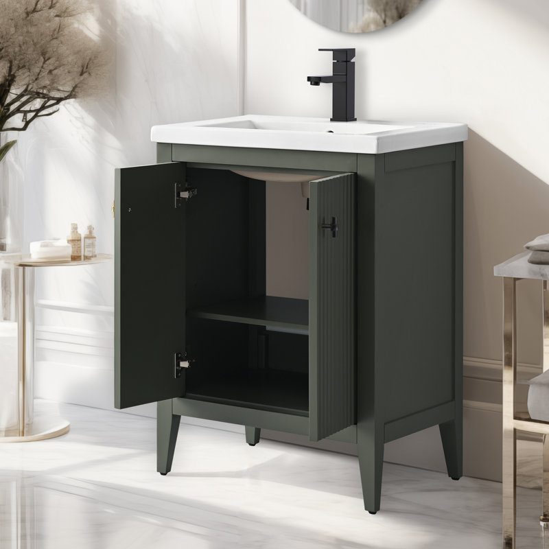 Single Bathroom Vanity with Ceramic Top, Linear Vintage Green, Matte Black, 24"