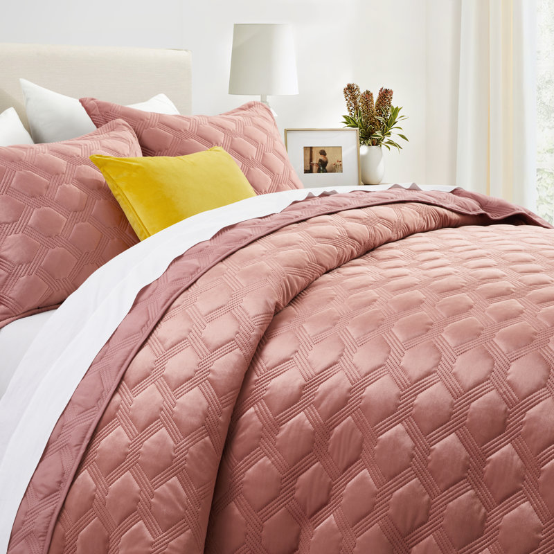 Reversible Diamond Embossed Bedspread Set – Geometric Quilt With Shams, Gray Geometric, Twin Bedspread Set with 1 Pillow Sham