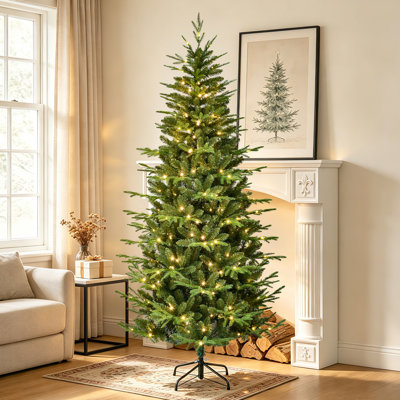 Arbre de Noël mince en PE / PVC pré-éclairé, lumières DEL et base en métal
