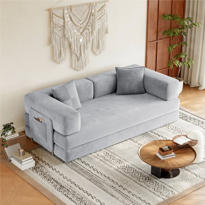 78.8'' Corduroy Convertible Sofa Bed Upholstered Sleeper Sofa with Armrest and Pillow, Gray