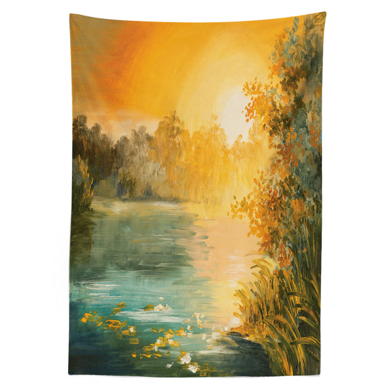 Country Tablecloth, Pastel Color Sunset On The Lake In Fall Autumn Scenery In Retro Art Drawing, Rectangular Table Cover For Dining Room Kitchen Decor, 52" X 70", Green Orange Blue