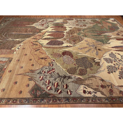 Hand Knotted Fantasia Rug 9x12, Scenic Wool Area Rug, Artistic Landscape Carpet, Handmade Statement Rug, Luxury Botanical Rug