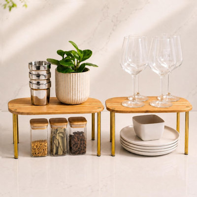 Ensemble de 2 armoires de rangement pour armoire de cuisine et rangement avec plateau en bambou et pieds en métal effet laiton pour comptoir de cuisine et tablettes empilables - brun