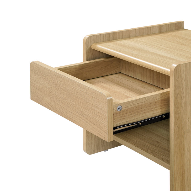 Scandinavian Nightstand with Drawer and Open Shelf, Oak Wood Bedside Table with Tray Top, 19.09" H x 19.69" W x 15.16" D