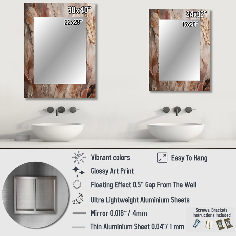 Gold Glamorous Feathers Of Boho Fantasy V - Glam Feather Mirror, Gold Unique Wall Mirror, Printed Metal Art, 32" x 24"