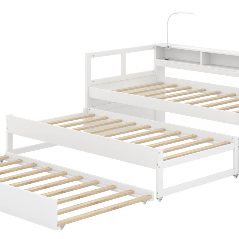 Lit de jour simple TG en bois avec 2 lits gigognes, 3 casiers de rangement, 1 lumière gratuite et USB, Blanc