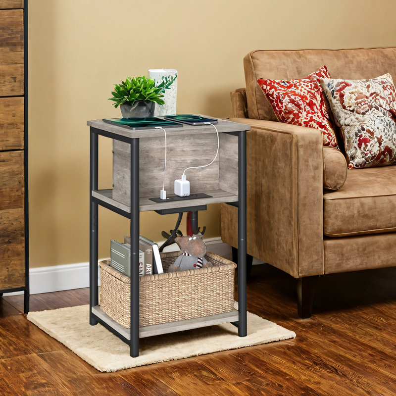 Side Table With Charging Station, Greige