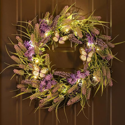  Couronnes de lavande d'été pour porte d'entrée avec lumières, couronne florale artificielle avec baies de campanule mauve et papillon pour la maison