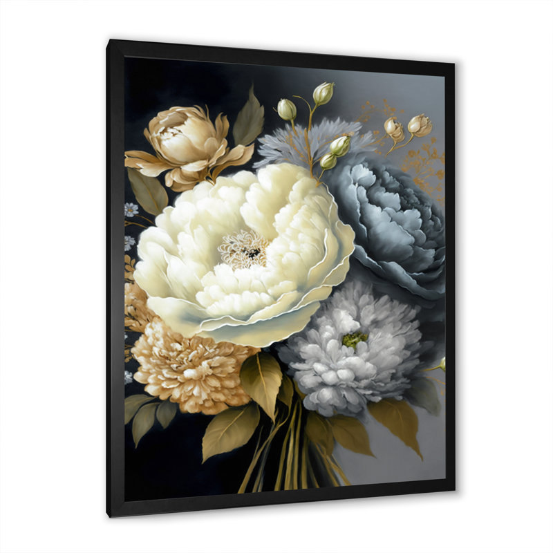 Art mural encadré blanc, bleu et gris - pivoines II, Cadre photo noir, H 20 po x l 12 po x P 1 po