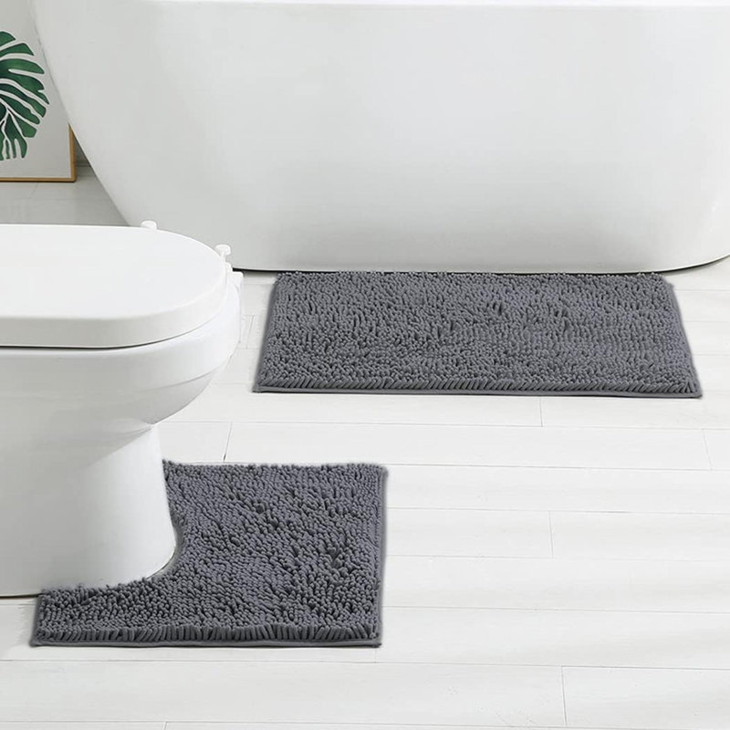 3 Pcs Non Slip Chenille Bath Mat Set,High Water Absorbent Density Soft Microfiber Toilet Mat Toilet Pedestal Mat Machine Washable Bathroom Mats Carpet 50X50cm/40X60cm/50X80cm (Gray)
