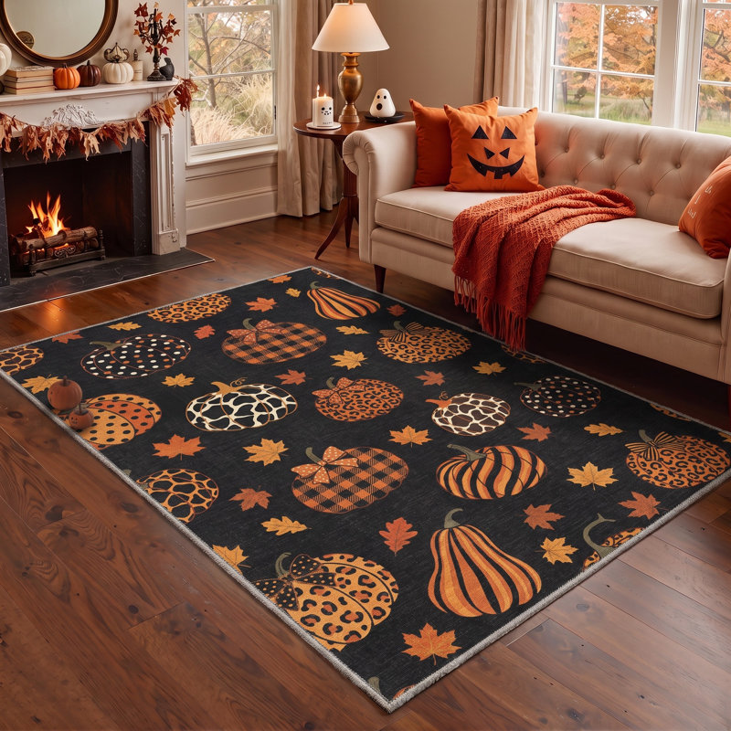 Tapis d'automne à motifs citrouille et feuilles d'automne, noir et orange, lavable à la machine, à poils courts, antidérapant
