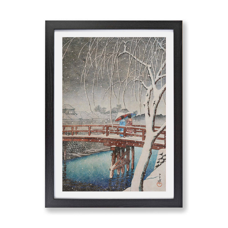 Two Crossing The Bridge by Hasui Kawase - Single Picture Frame Painting, Black, 33cm H x 45cm W x 2cm D