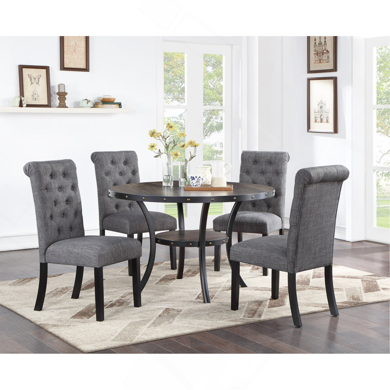 Ensemble de salle à manger moderne et classique en bois naturel Table de salle à manger ronde 4X Chaises d'appoint en tissu gris anthracite
