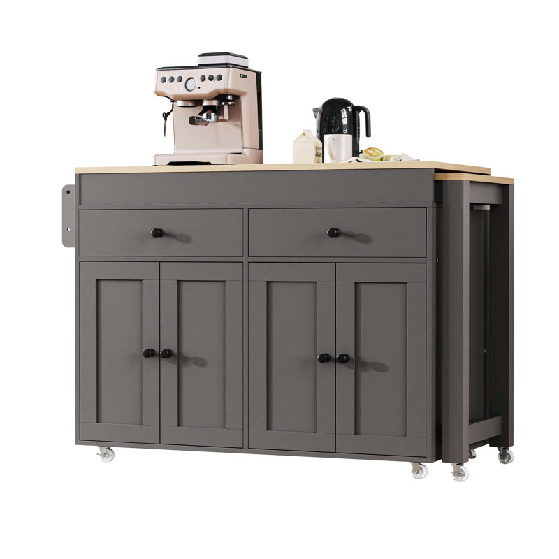 74.5 Inch Kitchen Island With Extendable Dining Table , Rolling Kitchen Island On Wheels With Spice Rack And 2 Drawers,  Kitchen Storage Cart With 4 Door Cabinet, For Kitchen, Dining Room