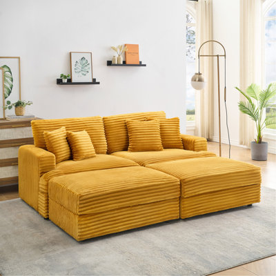 Canapé 88,58 "en velours côtelé orange avec deux pieds de rangement + quatre coussins, aussi doux qu'un nuage, un canapé paresseux élégant convenant au salon et au bureau