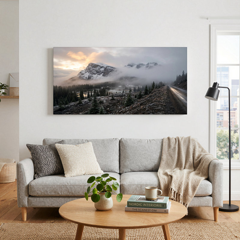 «Snowy Mountain Range and Misty Pine Forest Road», art mural, 20"W x 10"H