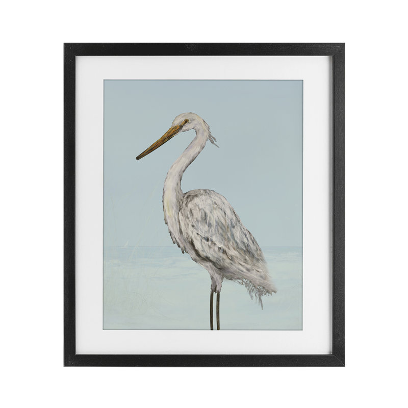 «Coastal Heron», impression encadrée sous verre bleu par Julie DeRice, H 16 po x l 13 po, Cadre noir minuit