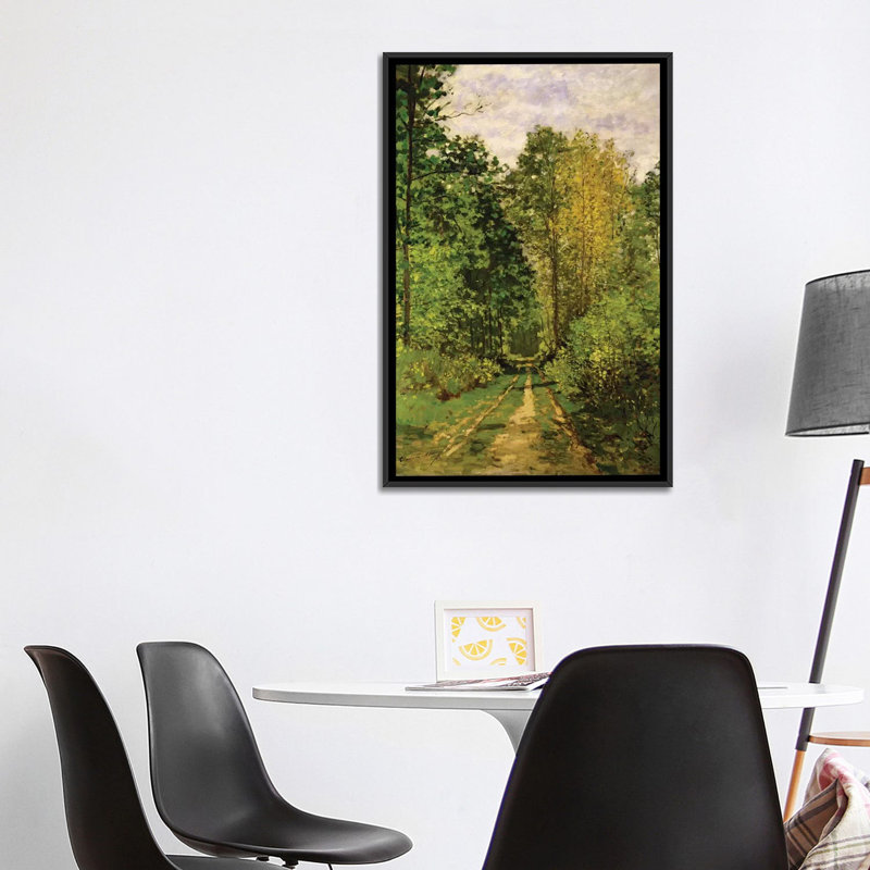 Chemin boisé, 1865 par Claude Monet, reproduction d’art, H 40 po x l 26 po x P 1,5 po, Toile avec cadre noir, Pas de tapis