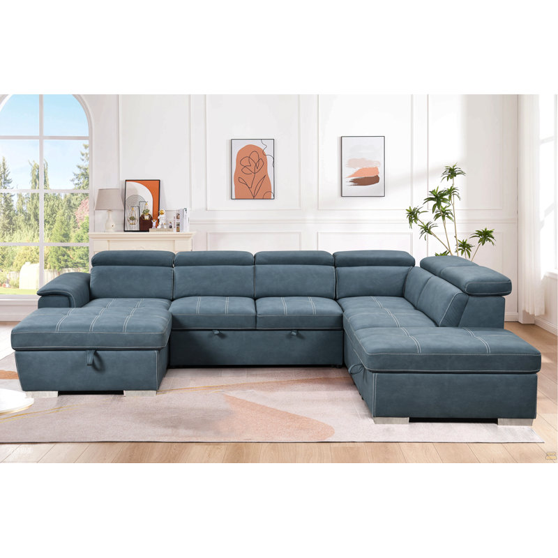 Canapé modulaire en U de 128 po avec repose-pieds et canapé modulaire réversible 7 places avec siège de rangement, ensembles de canapés de salon avec repose-tête réglable, bleu