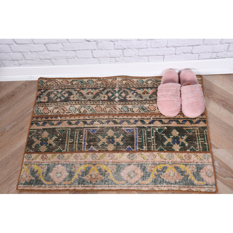 Vintage Turkish Handmade Anatolian Carpet With Floral Design For Boho Decor As an Entryway Mat Or Rustic Small Rug