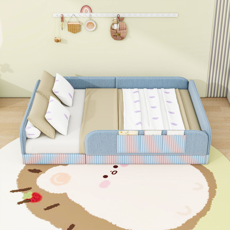 Lit plateforme tapissier avec rails de sécurité et poche de rangement latérale, Full, Bleu