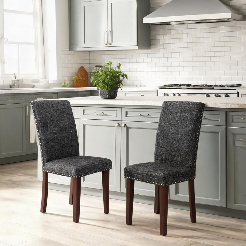 Ensemble de 2 chaises d'appoint rembourrées avec support à haut dossier pour la salle à manger et la cuisine au fini gris et bois naturel