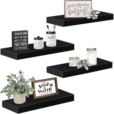 Floating Wall Shelves Set Of 4 - Sturdy MDF Shelves With Invisible Brackets For Bathroom, Bedroom, Kitchen, Living Room, Farmhouse Decor - Holds Up To 25 Lbs, Easy To Install