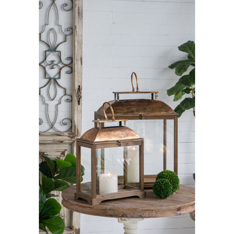Solid Wood and Glass Lantern with Gold Metal Dome (Set of 2)
