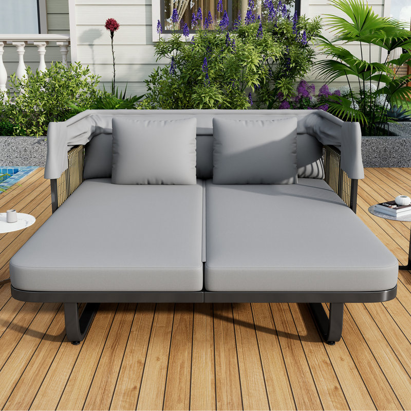 Lit de jour d'extérieur en rotin de patio avec coussins amovibles, Gris