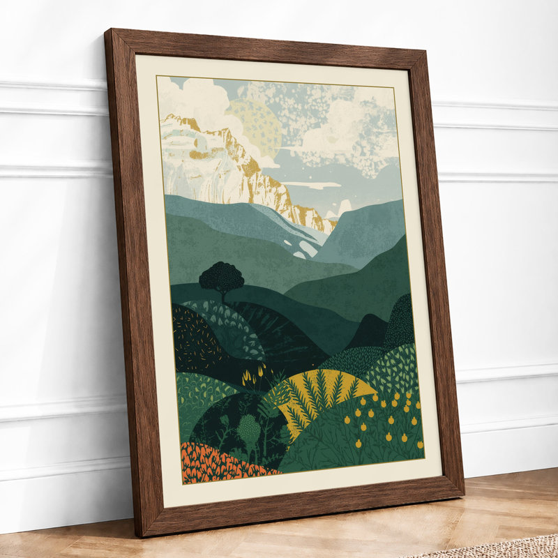 Mountain Pagoda Landscape Japandi - Framed Print, A4 - 29.7 x 21.0 cm, Walnut