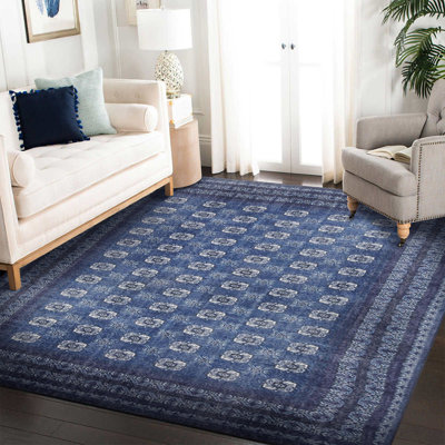Tapis bleu marine à motif rétro tissé