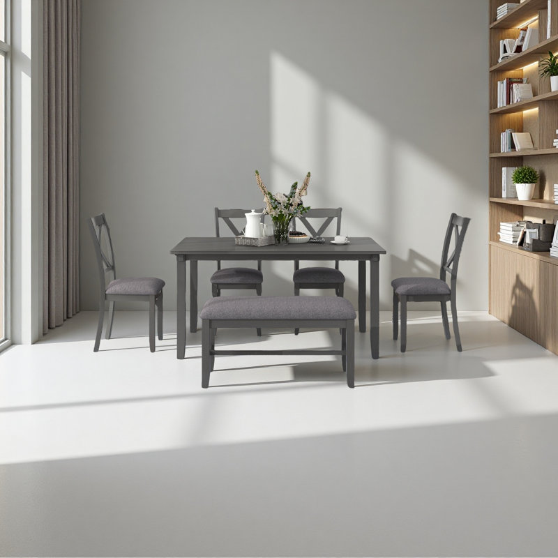 6-Piece Kitchen Dining Table Set Wooden Rectangular Dining Table, Gray, Gray