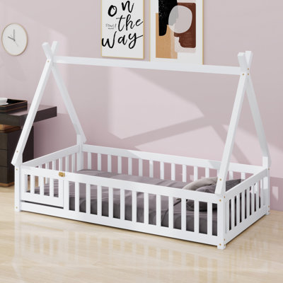 Tent-Shaped Floor Bed With Guardrails, Slats, And Door