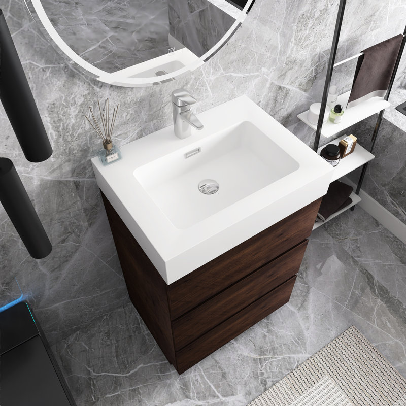 Caloway 24" Freestanding Single Bathroom Vanity with Top, Walnut, White