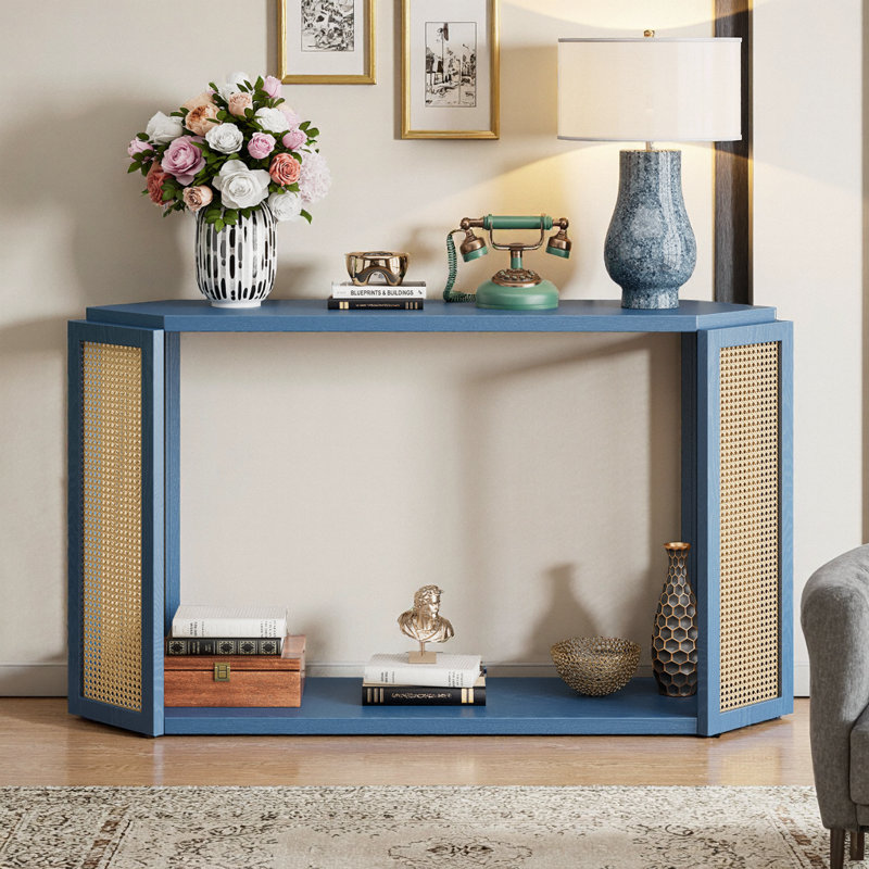 Console étroite - plateau en forme de flèche, panneau latéral en rotin, profil mince de 53 po, Bleu