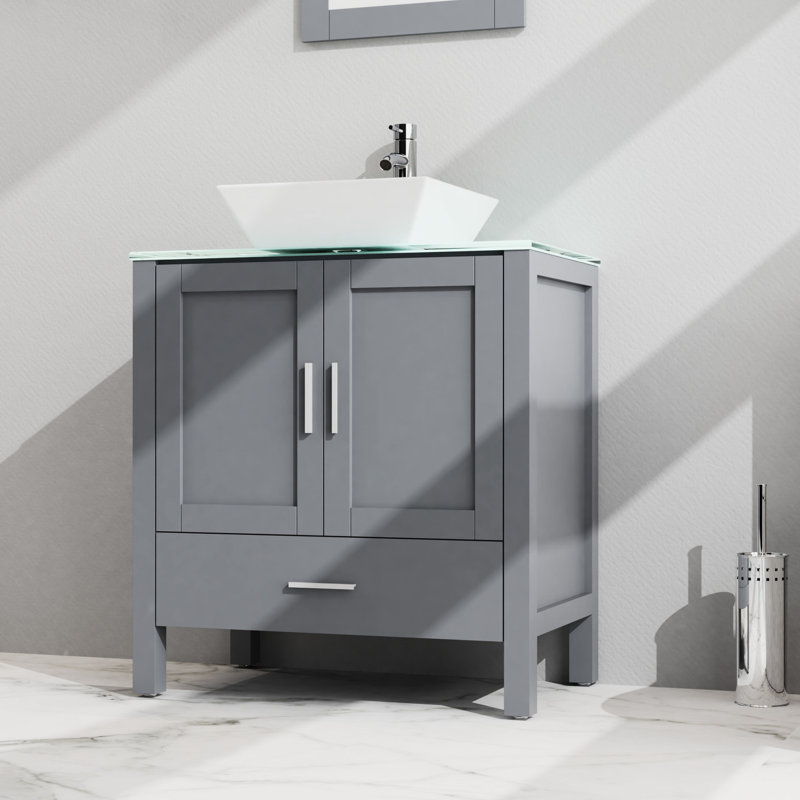 Meuble-lavabo de 30 po avec lavabo, gris. Plateau en verre trempé. Armoire à 2 portes et 1 tiroir. Intérieur spacieux. Fabrication avec rangement. Rangement de 18,5 x 30 x 31,5 po. Vaste rangement. Porte.
