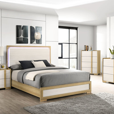 Queen Panel Bed With Natural Wood Tones, White Panels, And Led Touch Lighting Finish, For Bedroom Relaxation